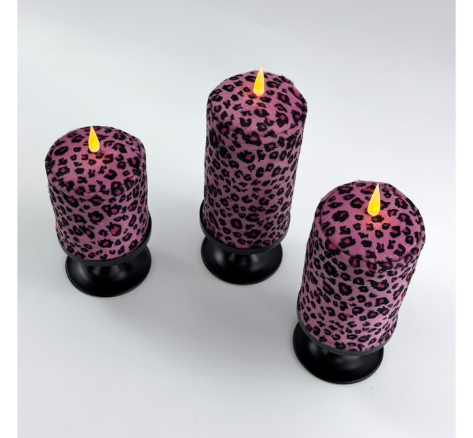 Pink Leopard Textile Pillar LED Candle