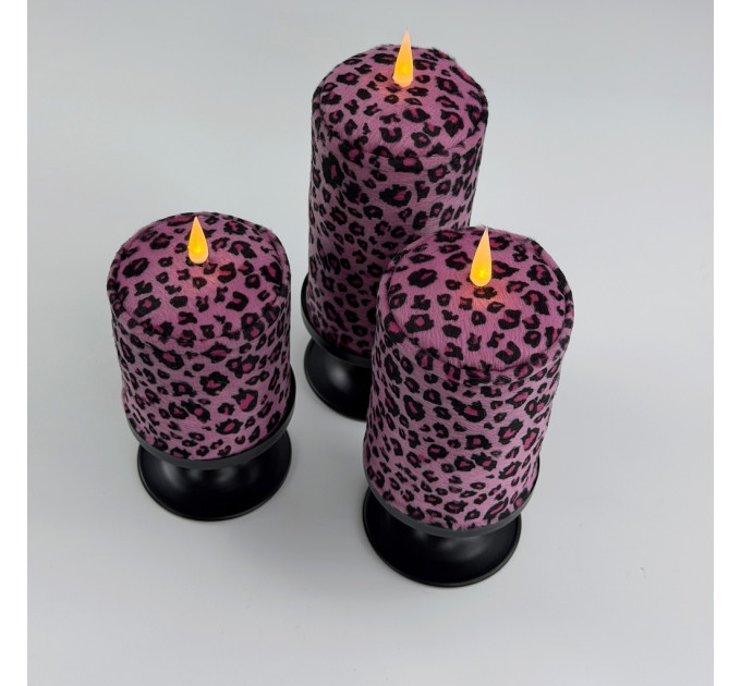 Pink Leopard Textile Pillar LED Candle