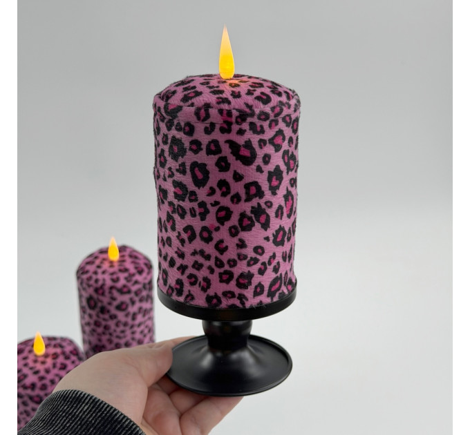 Pink Leopard Textile Pillar LED Candle
