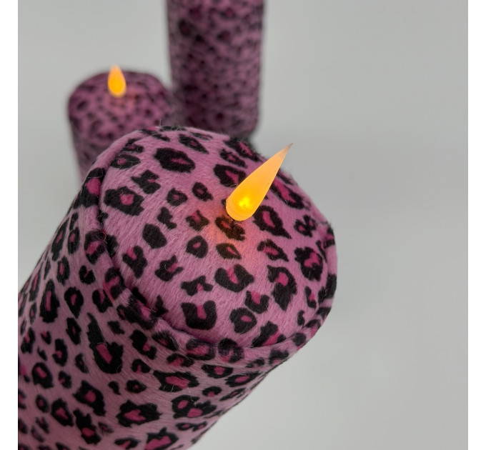 Pink Leopard Textile Pillar LED Candle