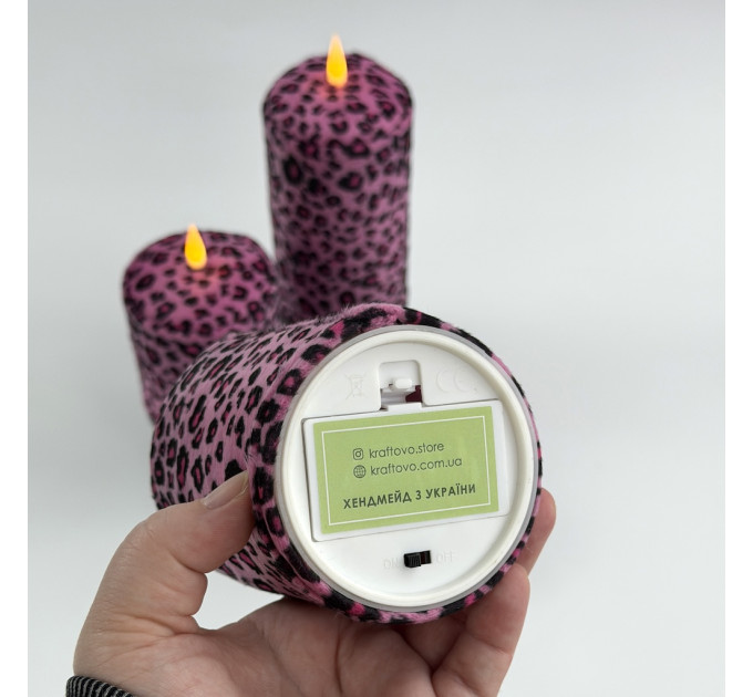 Pink Leopard Textile Pillar LED Candle