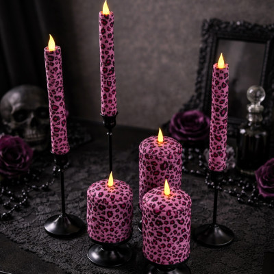 Pink Leopard Textile Taper LED Candle