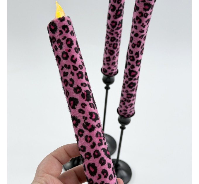 Pink Leopard Textile Taper LED Candle