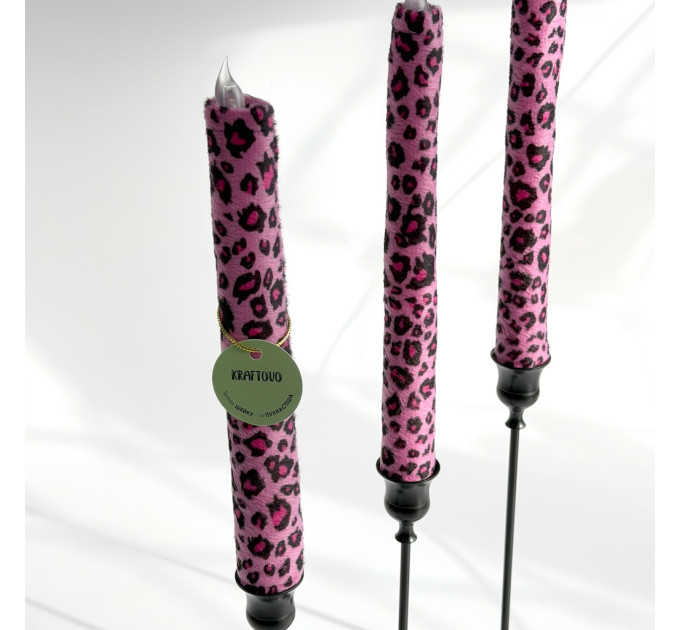 Pink Leopard Textile Taper LED Candle