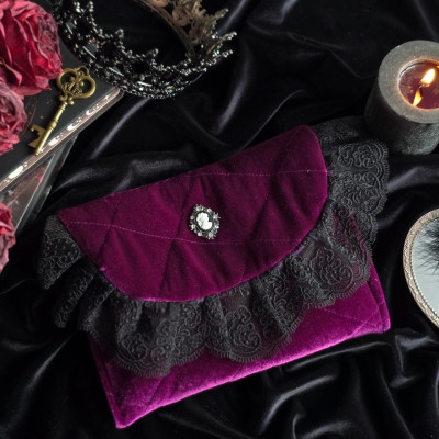 Purple Gothic Velvet Book Sleeve with Black Lace & Cameo
