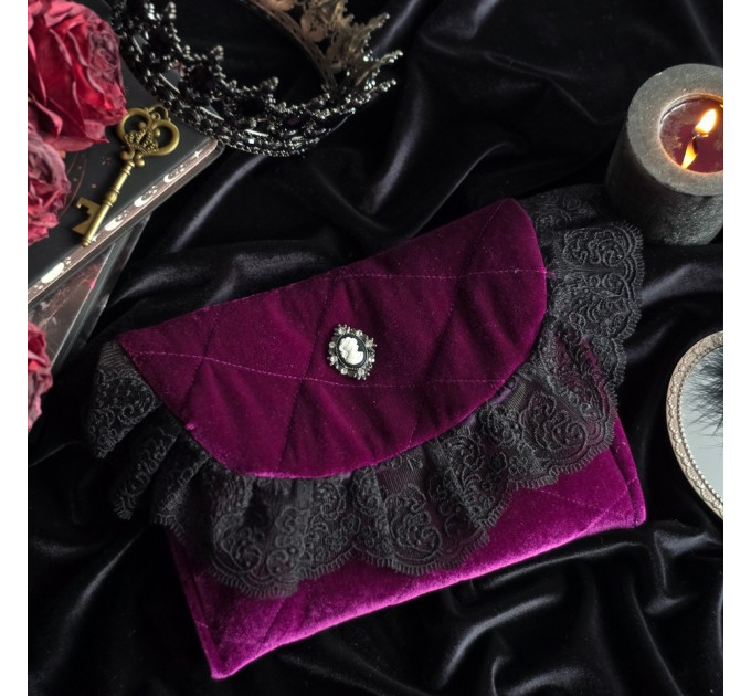 Purple Gothic Velvet Book Sleeve with Black Lace & Cameo