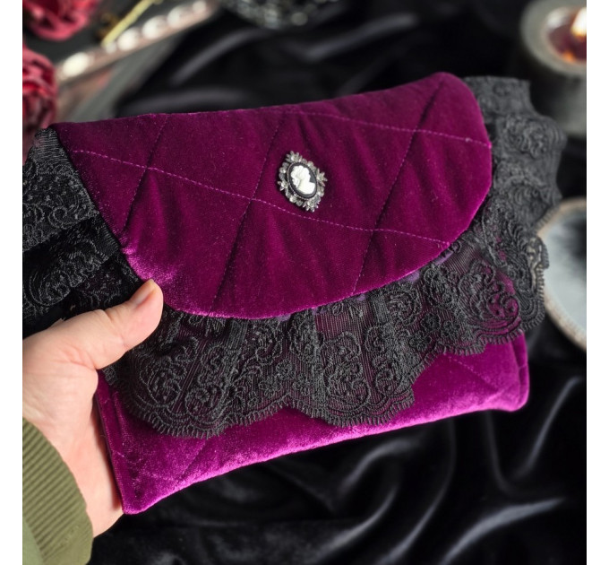 Purple Gothic Velvet Book Sleeve with Black Lace & Cameo