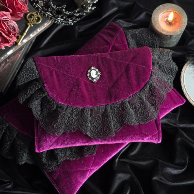 Purple Gothic Velvet Book Sleeve with Black Lace & Cameo