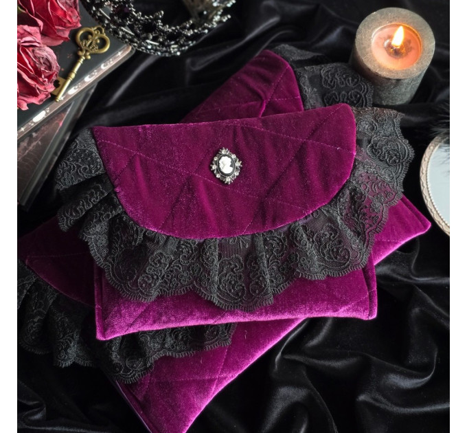 Purple Gothic Velvet Book Sleeve with Black Lace & Cameo