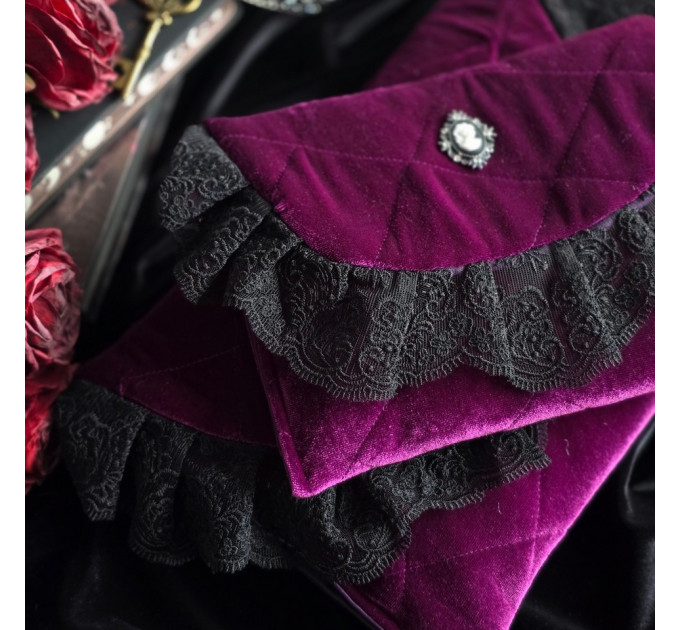 Purple Gothic Velvet Book Sleeve with Black Lace & Cameo