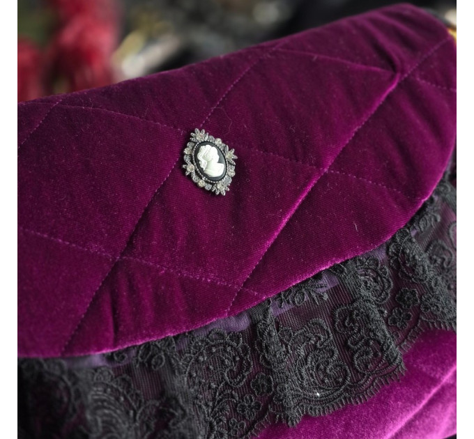 Purple Gothic Velvet Book Sleeve with Black Lace & Cameo