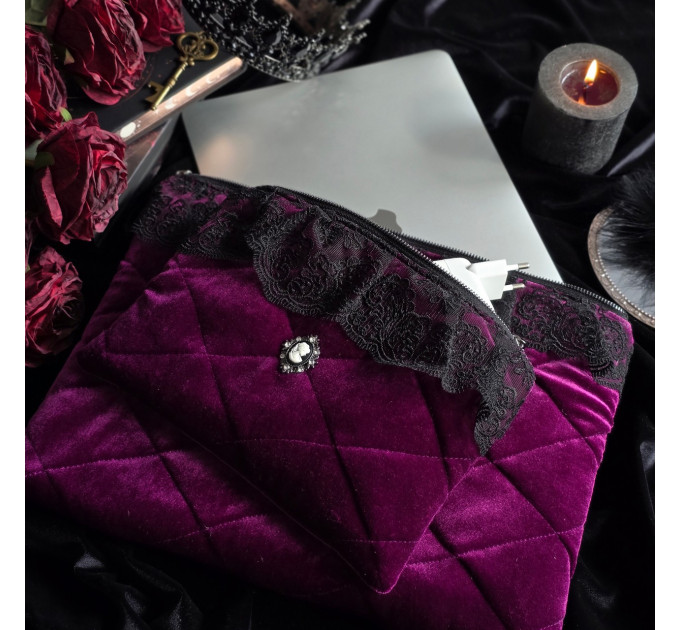 Purple Velvet Laptop Sleeve with Black Lace
