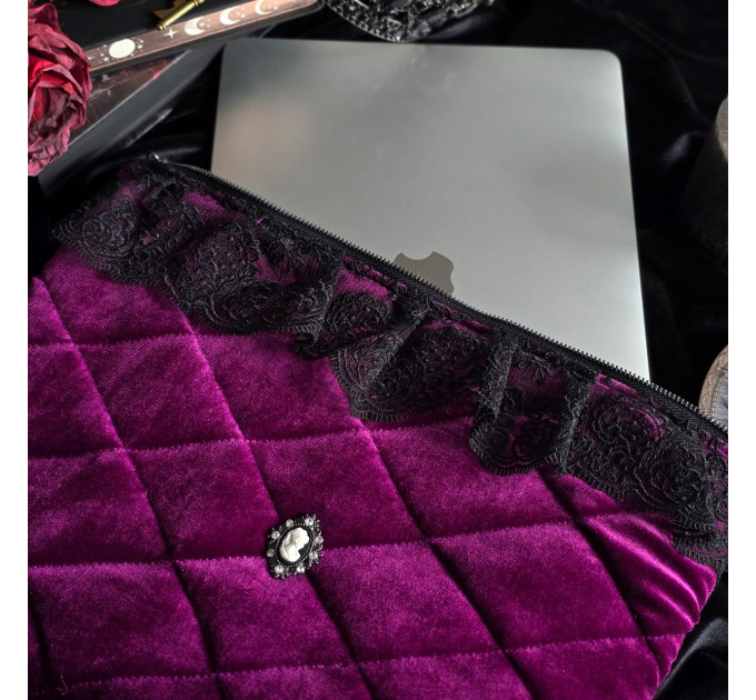 Purple Velvet Laptop Sleeve with Black Lace