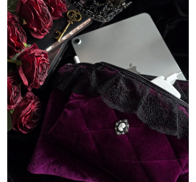Purple Velvet Laptop Sleeve with Black Lace