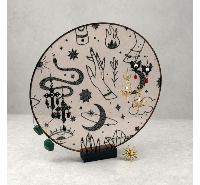 Round Witchy Earring Organizer with Snake and Celestial Symbols