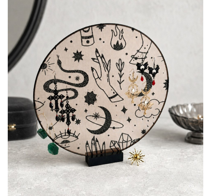 Round Witchy Earring Organizer with Snake and Celestial Symbols