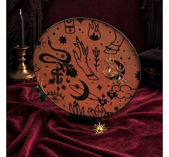 Round Witchy Earring Organizer with Snake and Celestial Symbols