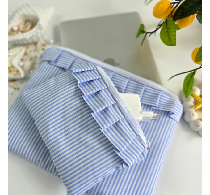 Blue striped laptop sleeve with ruffles