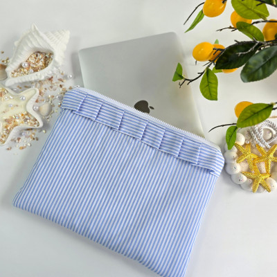 Blue striped laptop sleeve with ruffles