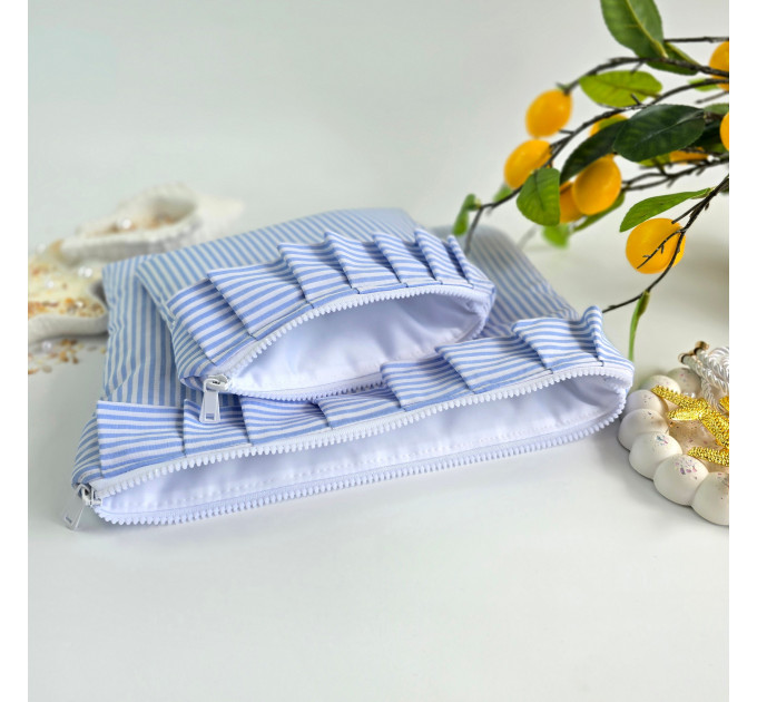 Blue striped laptop sleeve with ruffles