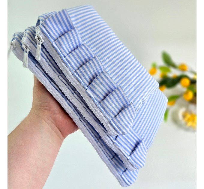 Blue striped laptop sleeve with ruffles