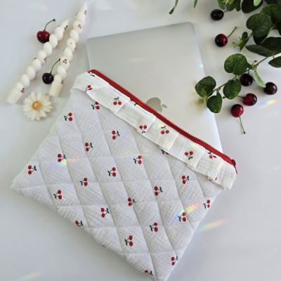 Laptop sleeve with cherries and ruffles