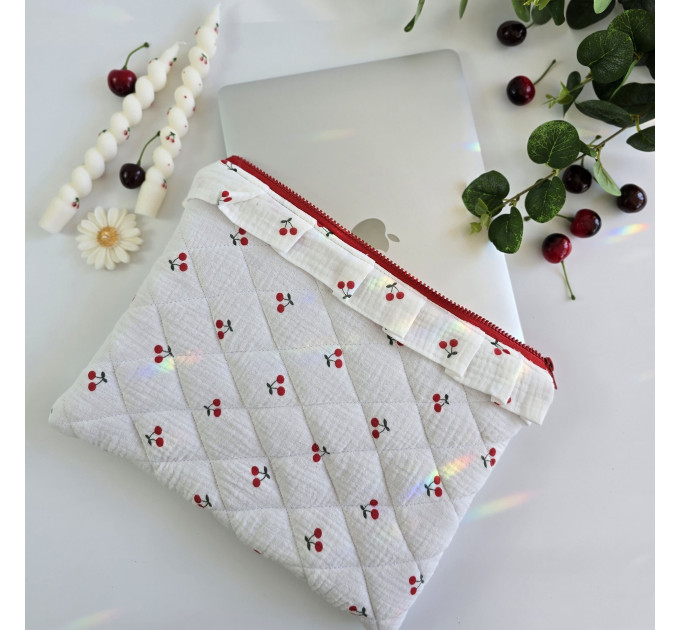 Laptop sleeve with cherries and ruffles