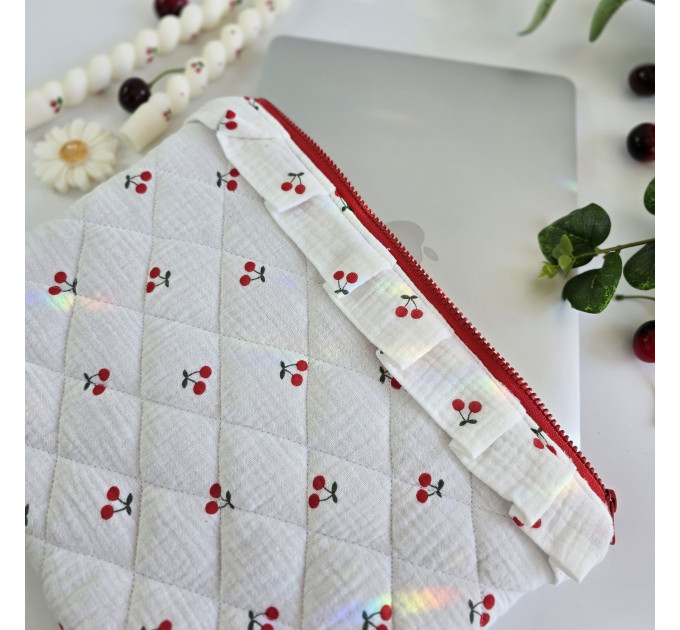 Laptop sleeve with cherries and ruffles
