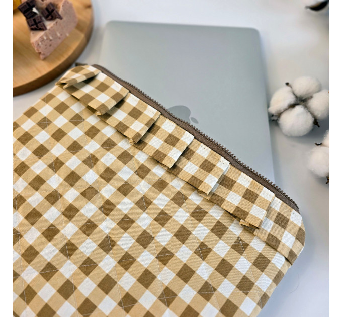 Latte vibe checkered brown laptop sleeve with ruffles