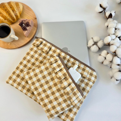 Latte vibe checkered brown laptop sleeve with ruffles