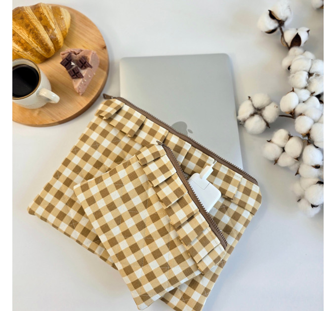 Latte vibe checkered brown laptop sleeve with ruffles