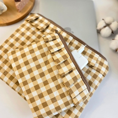 Latte vibe checkered brown laptop sleeve with ruffles