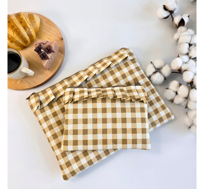 Latte vibe checkered brown laptop sleeve with ruffles