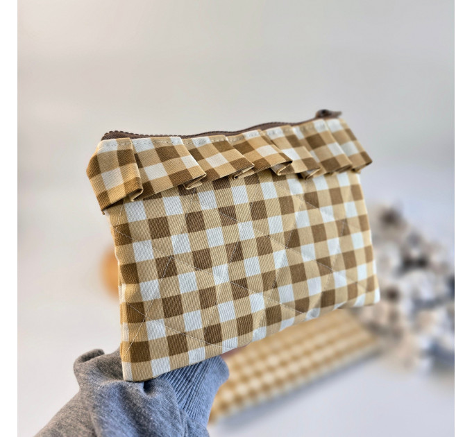 Latte vibe checkered brown laptop sleeve with ruffles