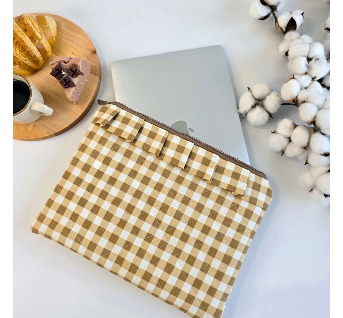 Latte vibe checkered brown laptop sleeve with ruffles
