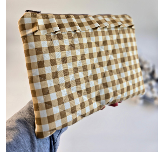 Latte vibe checkered brown laptop sleeve with ruffles
