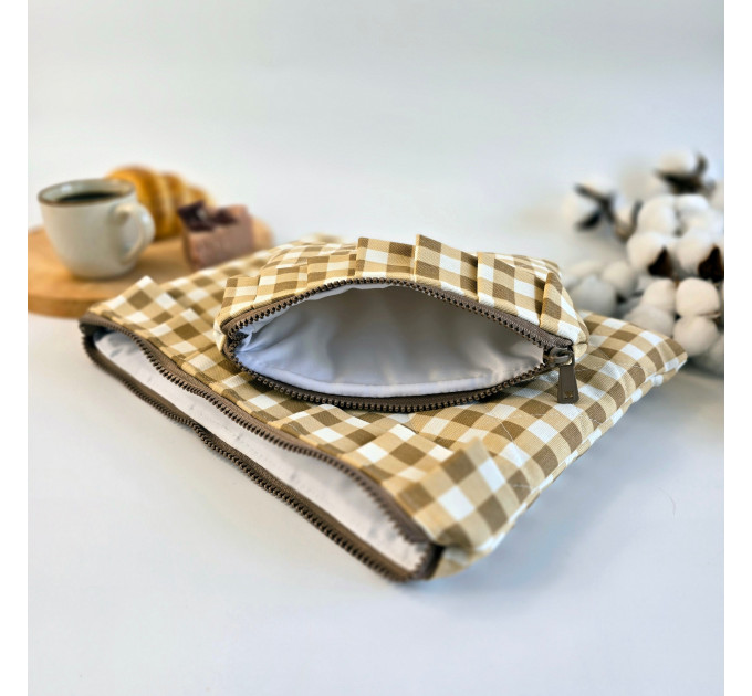 Latte vibe checkered brown laptop sleeve with ruffles