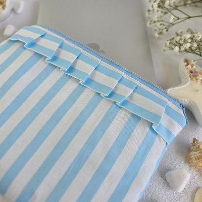 Sky-blue striped laptop sleeve with ruffles