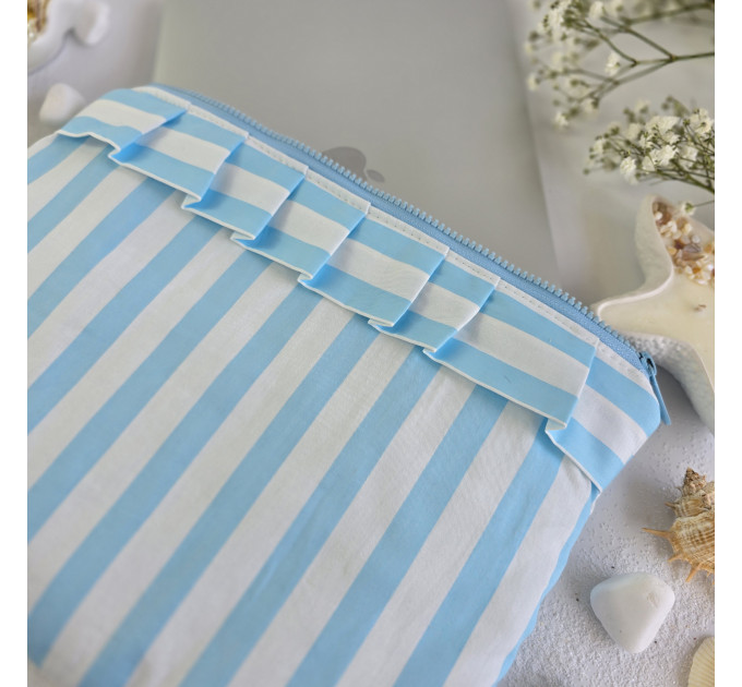 Sky-blue striped laptop sleeve with ruffles