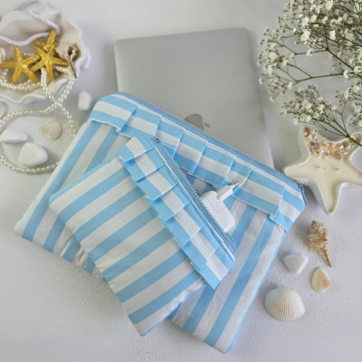 Sky-blue striped laptop sleeve with ruffles
