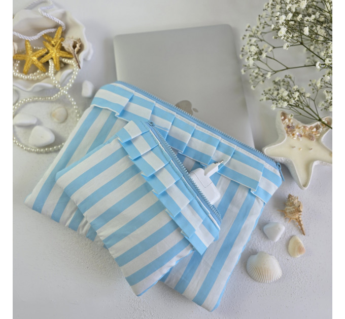 Sky-blue striped laptop sleeve with ruffles