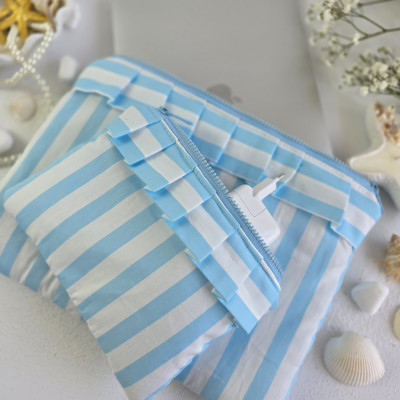Sky-blue striped laptop sleeve with ruffles