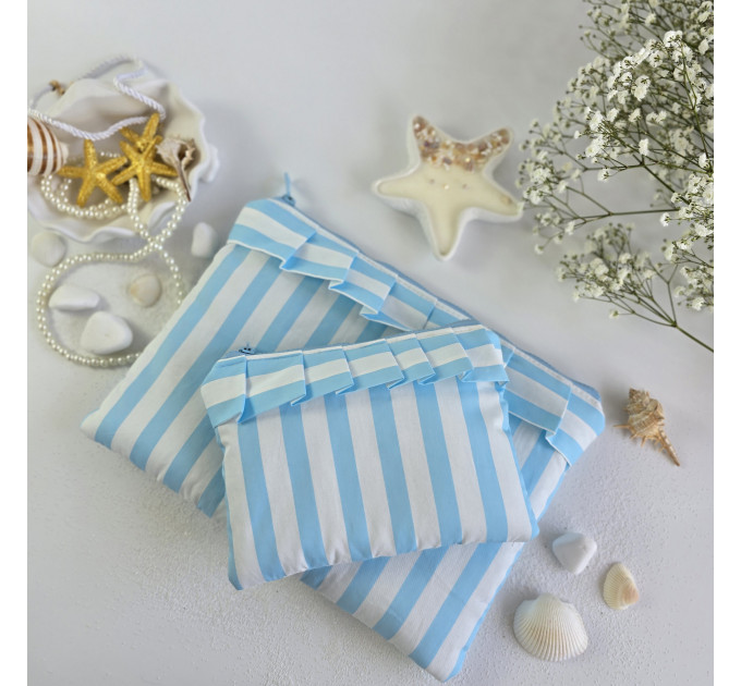 Sky-blue striped laptop sleeve with ruffles