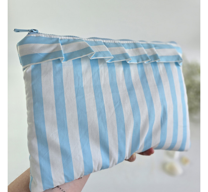 Sky-blue striped laptop sleeve with ruffles