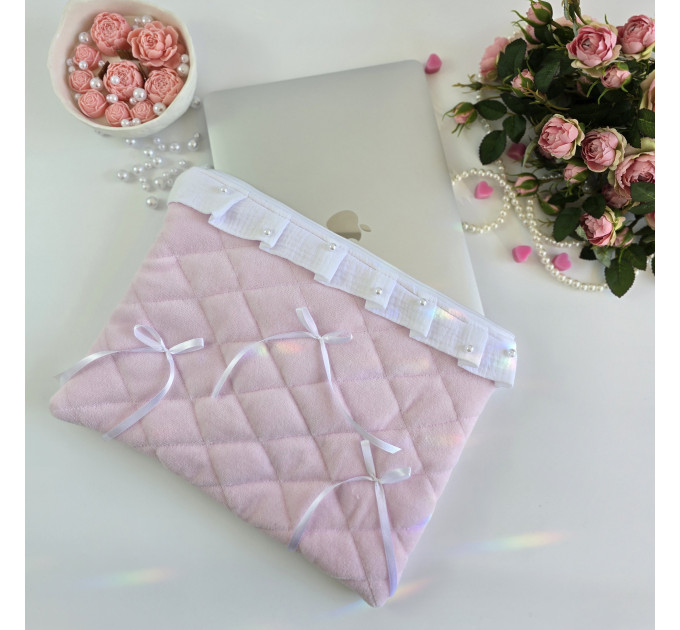 Soft pink laptop sleeve with ruffles, bows and pearl-like beads
