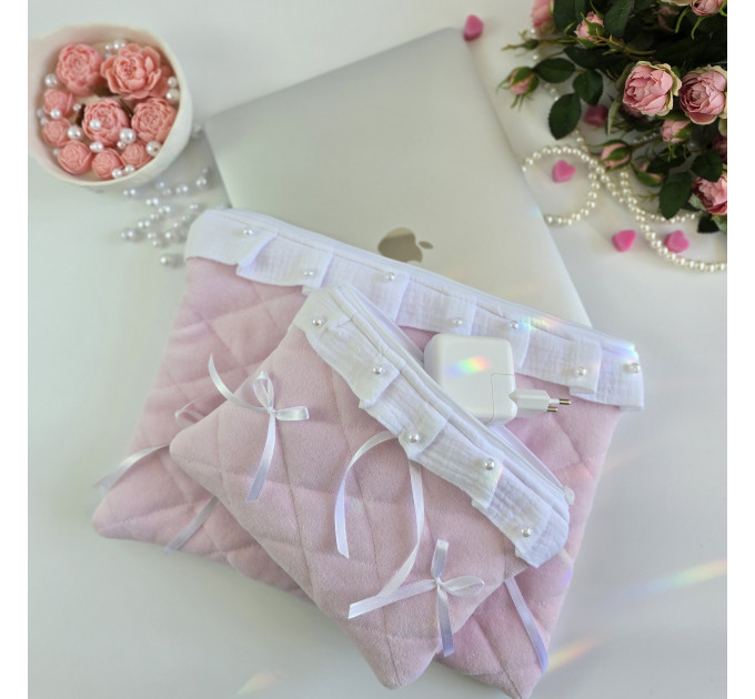 Soft pink laptop sleeve with ruffles, bows and pearl-like beads