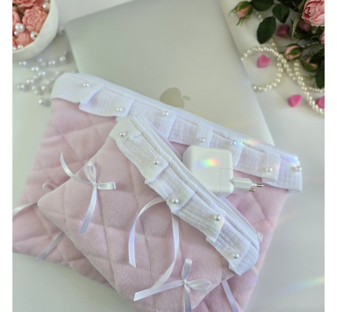 Soft pink laptop sleeve with ruffles, bows and pearl-like beads