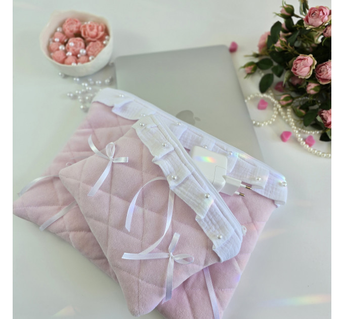 Soft pink laptop sleeve with ruffles, bows and pearl-like beads