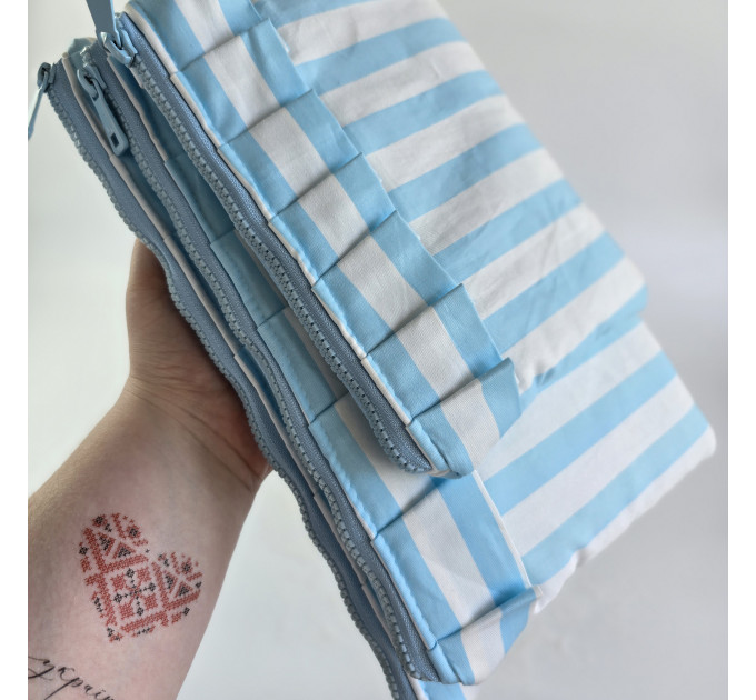 Sky-blue striped E-reader sleeve with ruffles