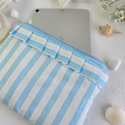 Sky-blue striped tablet sleeve with ruffles